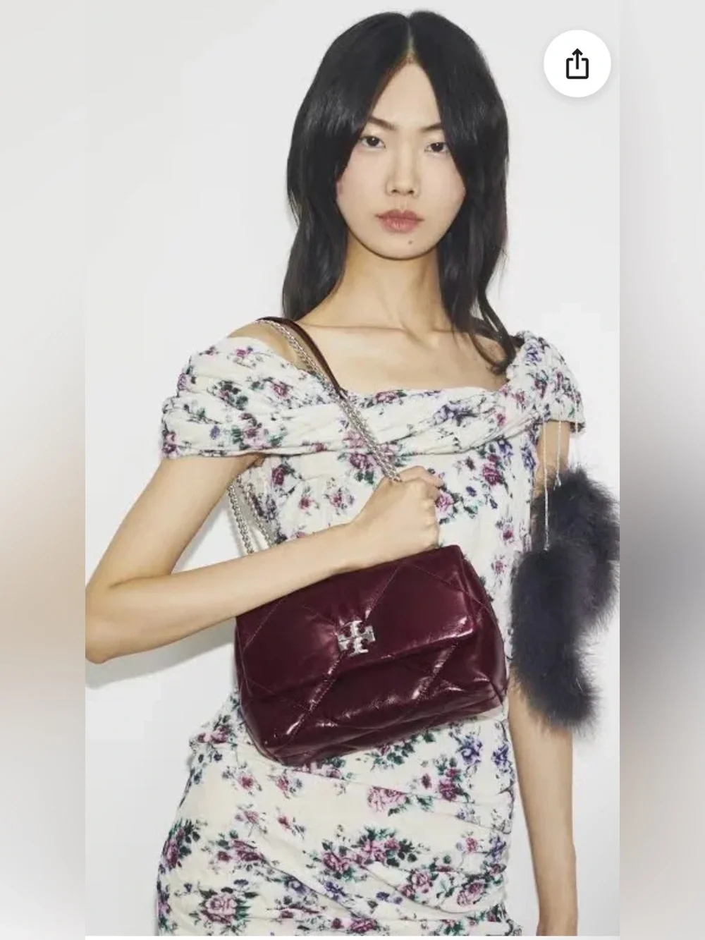 Tory Burch Kira Leather Diamond Quilted Shoulder Bag. Color:Dark Carmine.